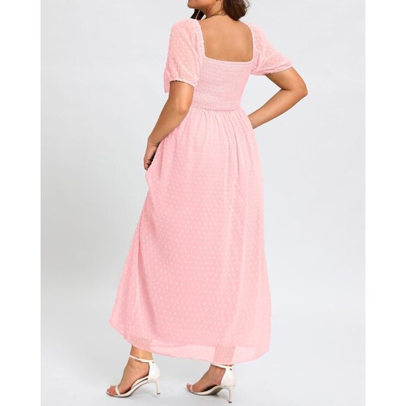 Plus Size Summer Dress Light Pink V-Neck Tie Front Maxi Swiss Dot - Picture 2 of 6